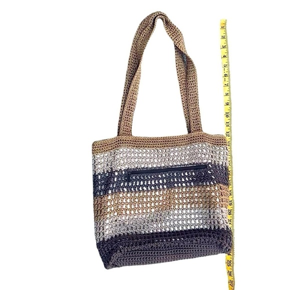 The Sak neutral stripe crochet over gold metallic shoulder bag top zipper - Picture 8 of 13